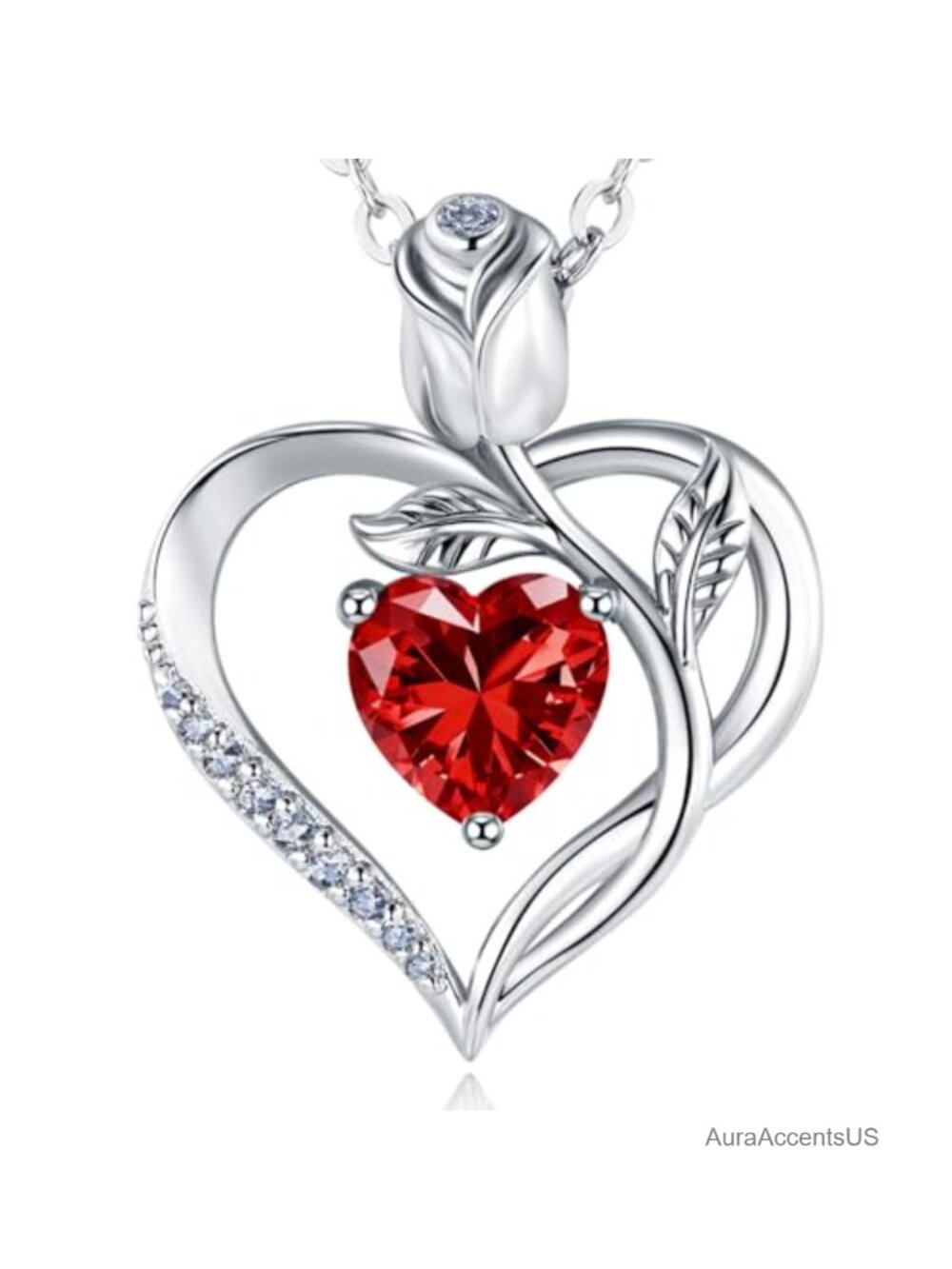 18K White Gold over S925 Silver Heart Birthstone Pendant Necklace for Women